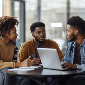 Three college students in a group meeting in a bright space. One student takes notes on a laptop.