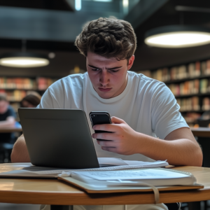 A white male college student worriedly waiting for a response to a text message